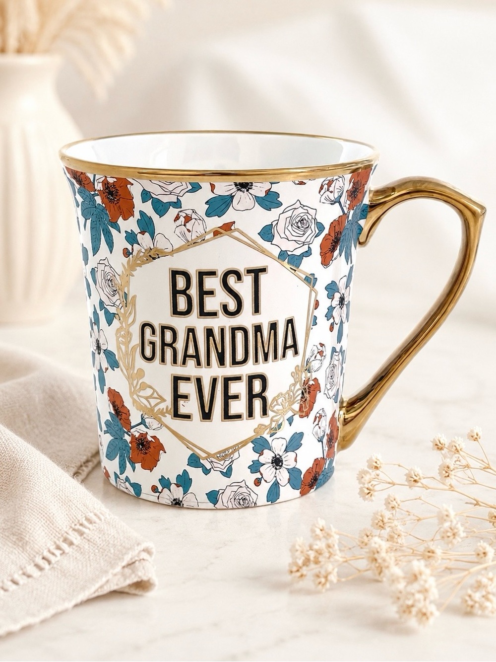 Coffee Mug Floral “BEST GRANDMA EVER” with Gold Handle and Trims